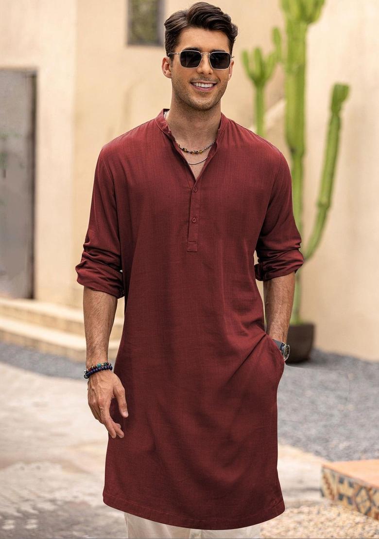 Maroon Solid Cotton Kurta Set For Men - Indya