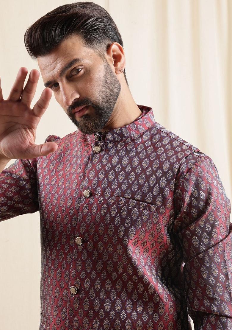 Maroon Woven Design Silk Kurta Set For Men - Indya