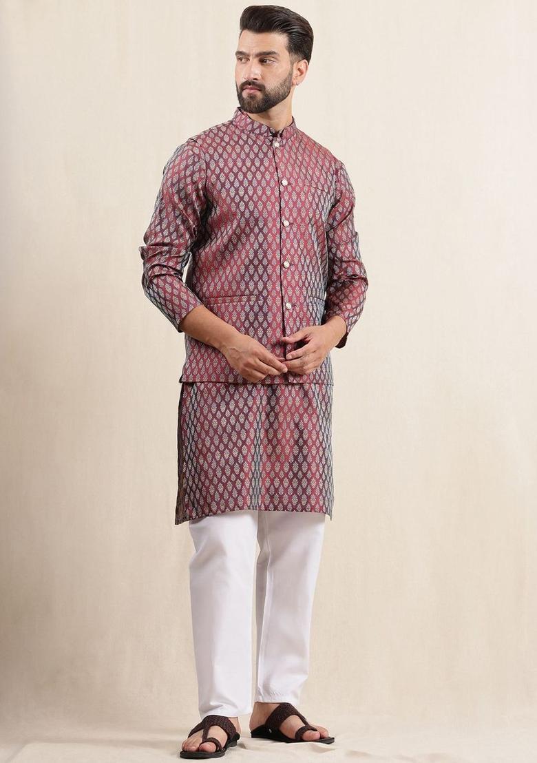 Maroon Woven Design Silk Kurta Set For Men - Indya