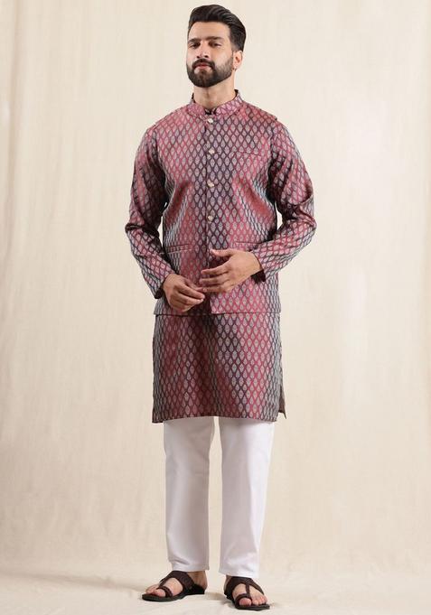 Maroon Woven Design Silk Kurta Set For Men