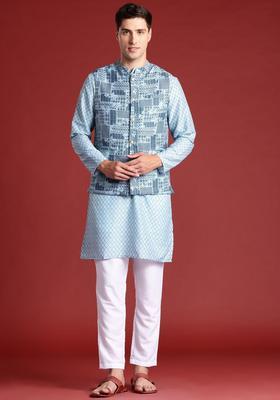 Blue Printed Polyester Kurta Set For Men