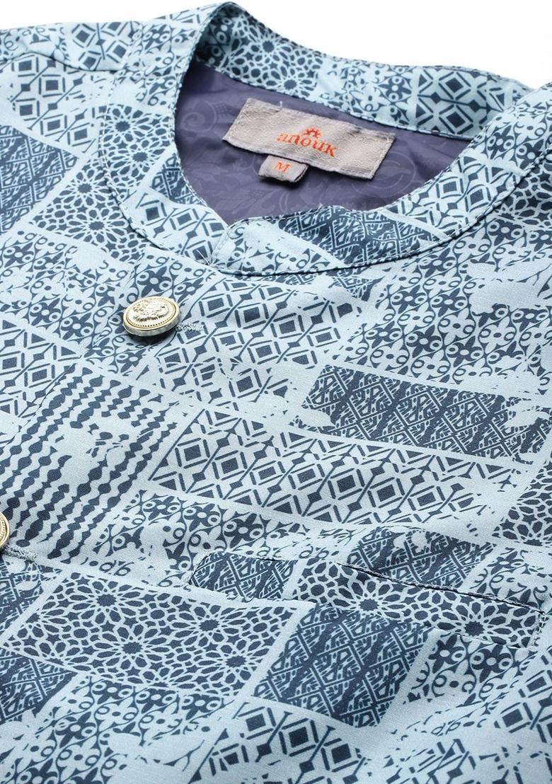 Blue Printed Polyester Kurta Set For Men - Indya