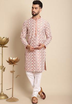 Peach Embroidered Silk Kurta Set For Men
