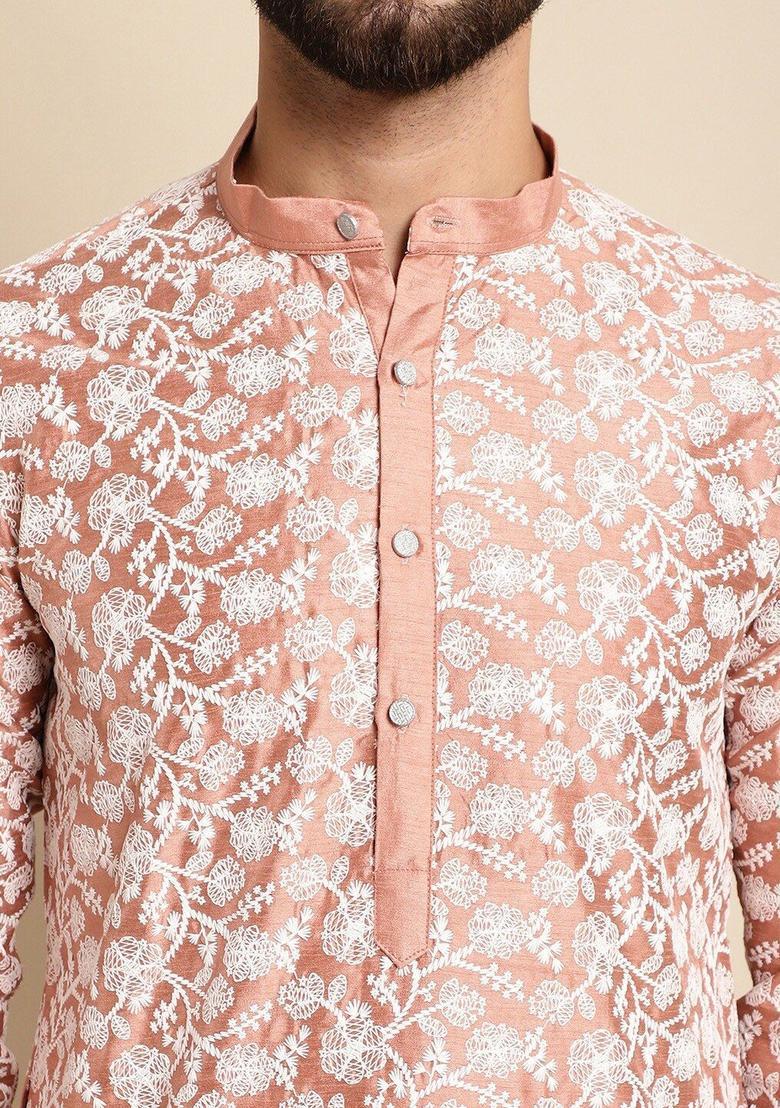 Peach Embroidered Silk Kurta Set For Men - Indya