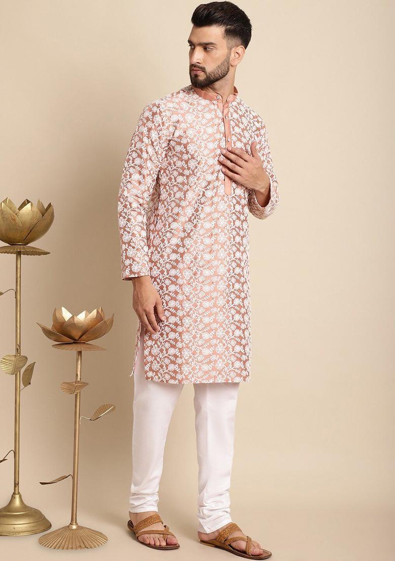 Peach Embroidered Silk Kurta Set For Men - Indya