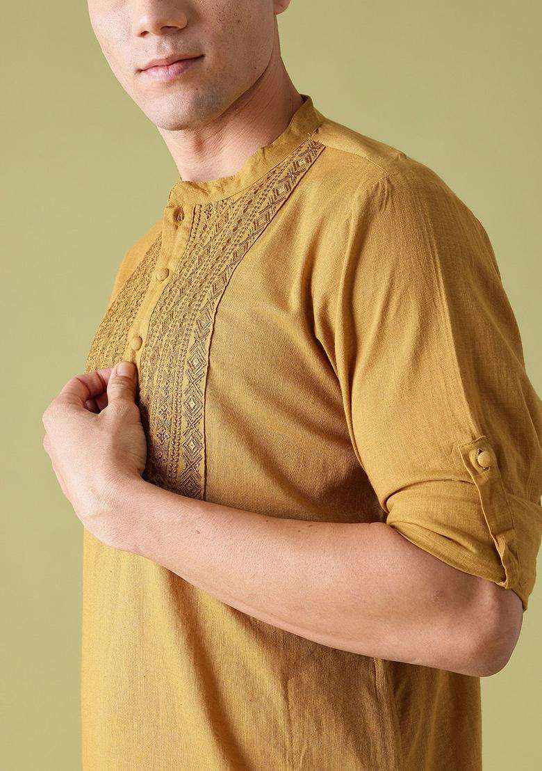 Olive Yoke Design Cotton Kurta Set For Men - Indya