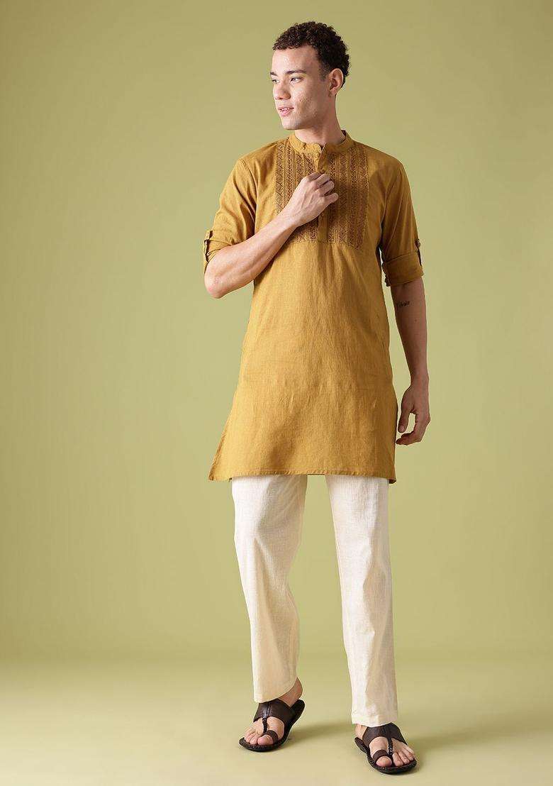 Olive Yoke Design Cotton Kurta Set For Men - Indya