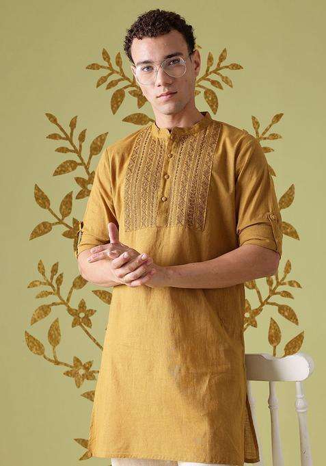 Olive Yoke Design Cotton Kurta Set For Men
