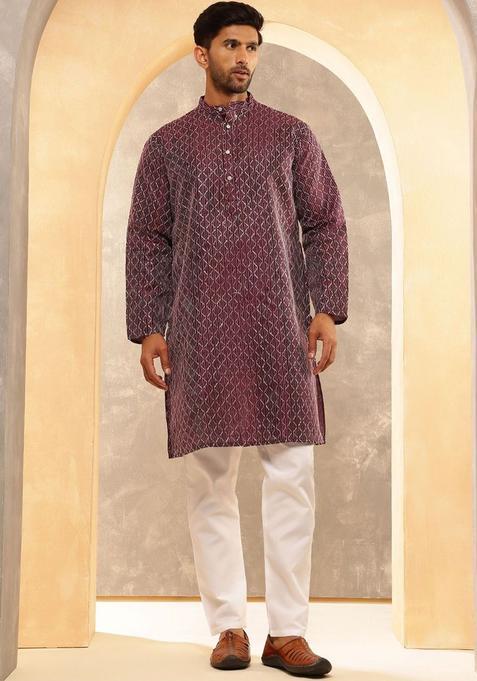 Purple Embroidered Silk Kurta Set For Men