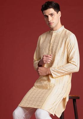 Yellow Embroidered Polyester Kurta Set For Men