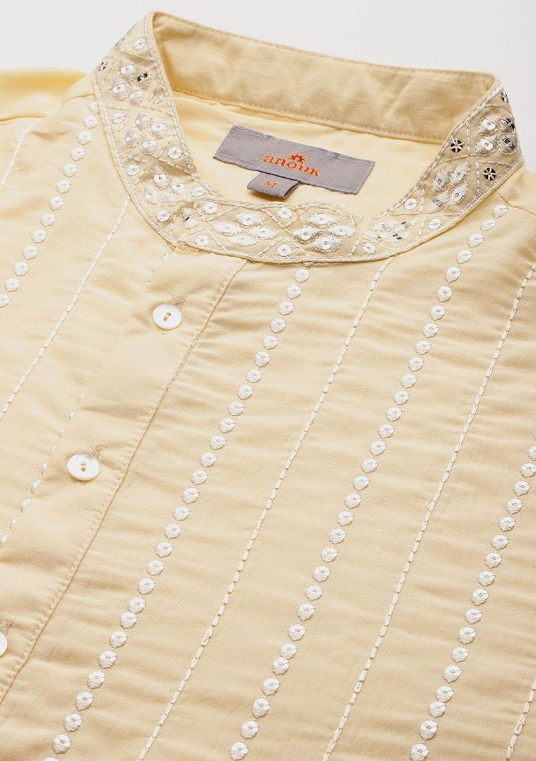 Yellow Embroidered Polyester Kurta Set For Men - Indya