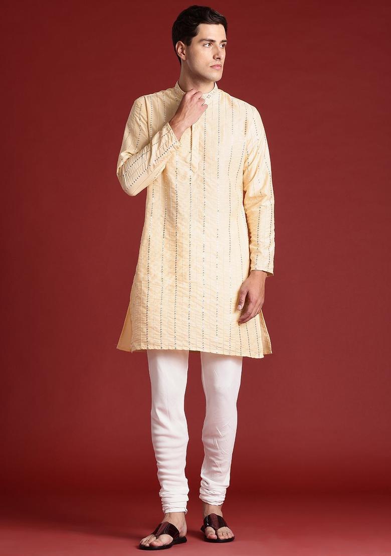 Yellow Embroidered Polyester Kurta Set For Men - Indya