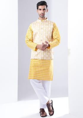 Yellow Printed Silk Kurta Set For Men