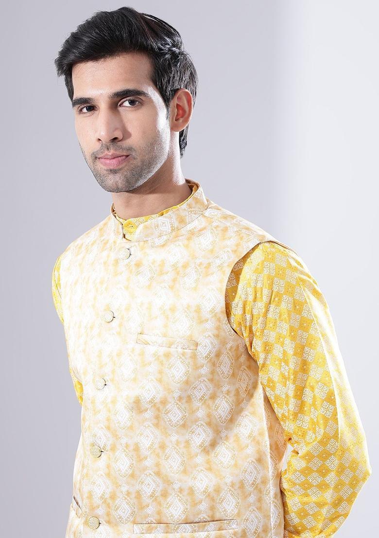 Yellow Printed Silk Kurta Set For Men - Indya