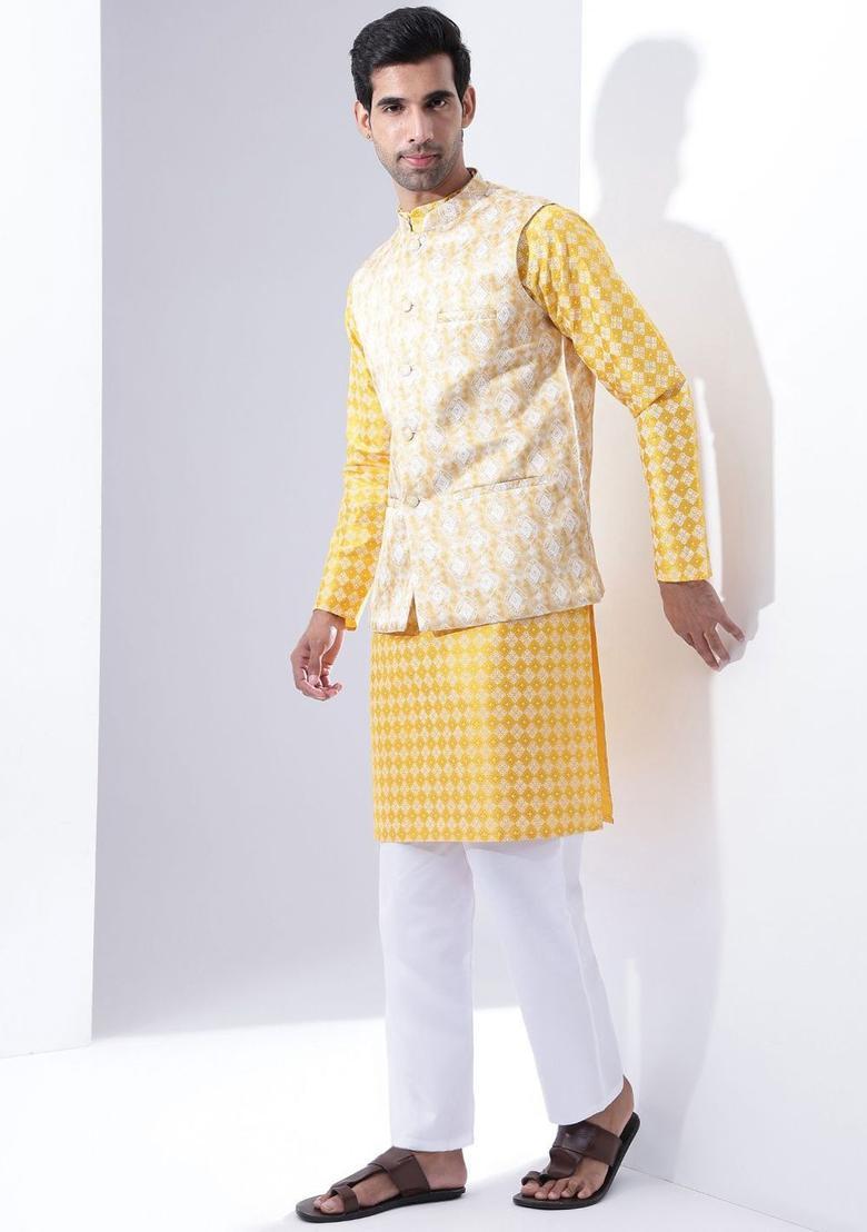 Yellow Printed Silk Kurta Set For Men - Indya
