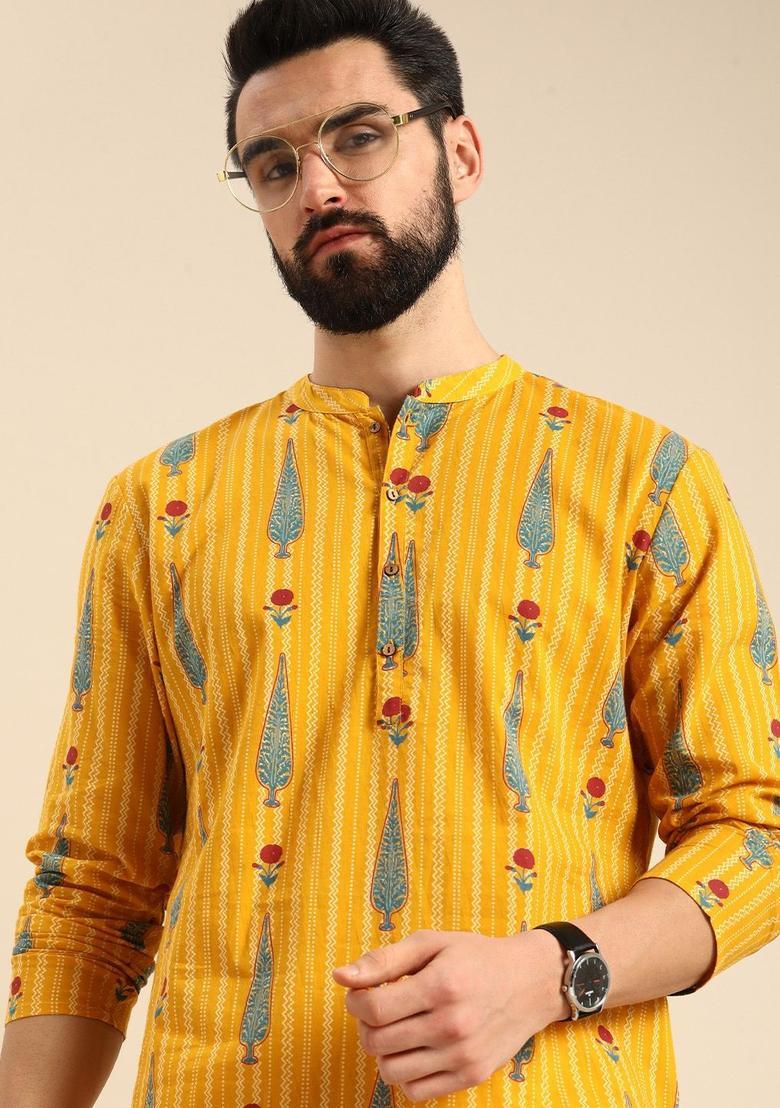 Yellow Printed Cotton Kurta Set For Men - Indya