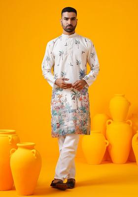 Beige Embroidered Cotton Kurta Set For Men