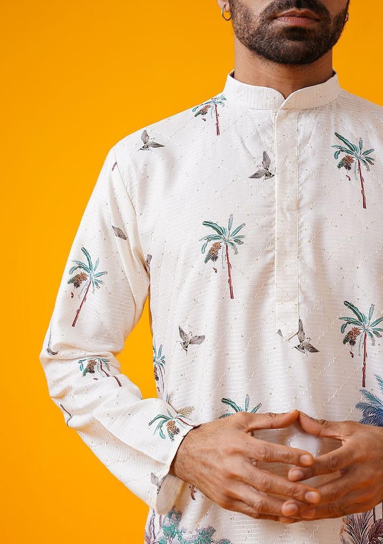 Beige Embroidered Cotton Kurta Set For Men - Indya