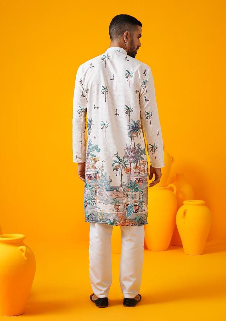 Beige Embroidered Cotton Kurta Set For Men - Indya