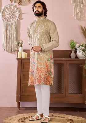 Beige Embroidered Cotton Kurta Set For Men