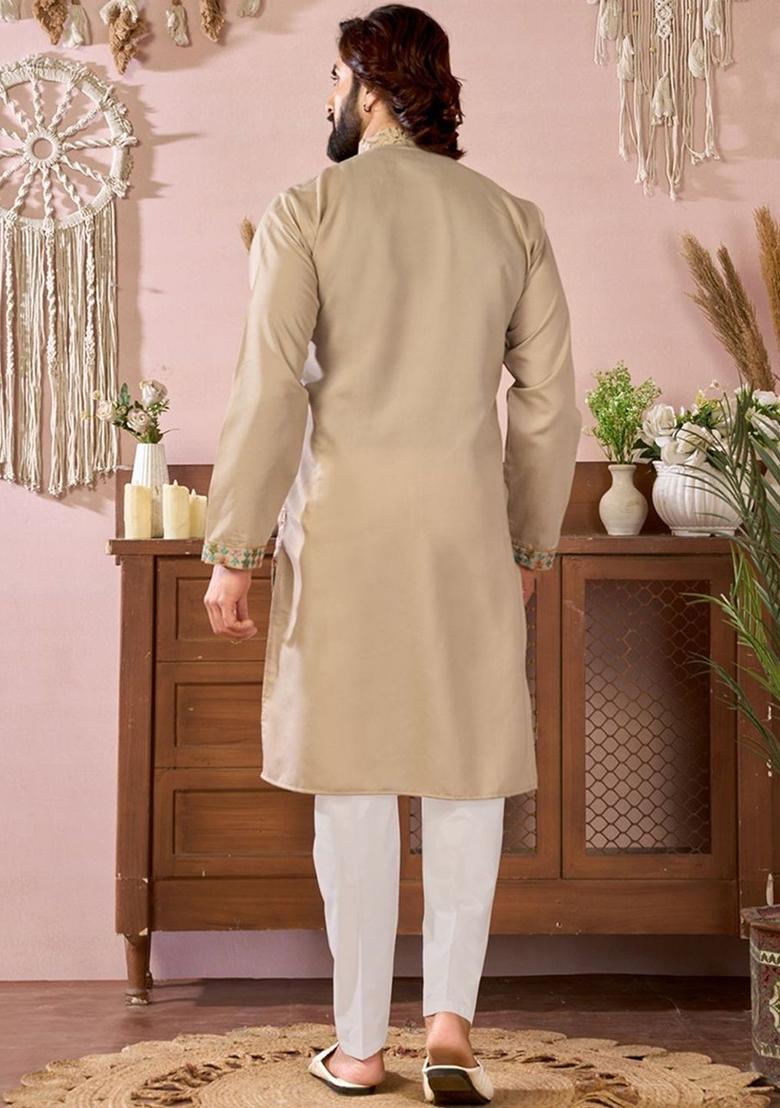 Beige Embroidered Cotton Kurta Set For Men - Indya