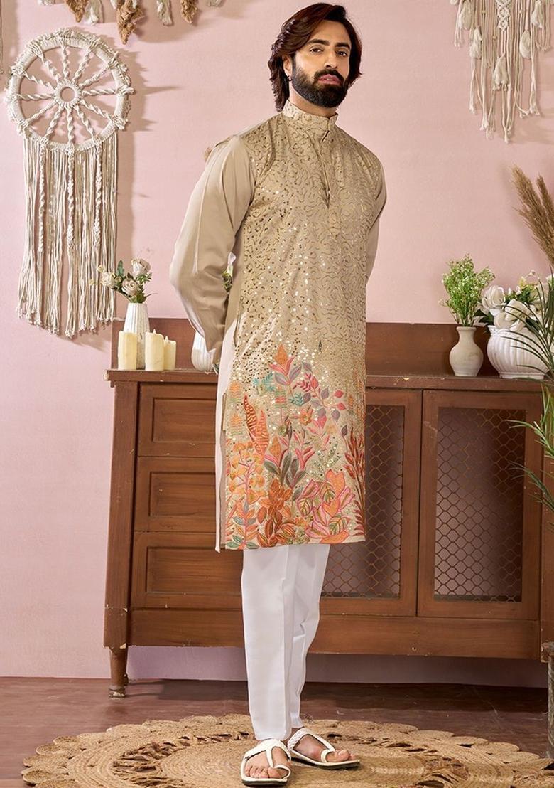 Beige Embroidered Cotton Kurta Set For Men - Indya