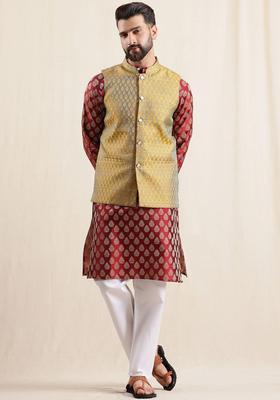 Maroon Printed Silk Kurta Set For Men