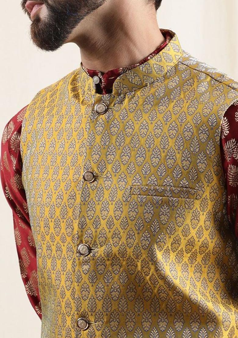 Maroon Printed Silk Kurta Set For Men - Indya