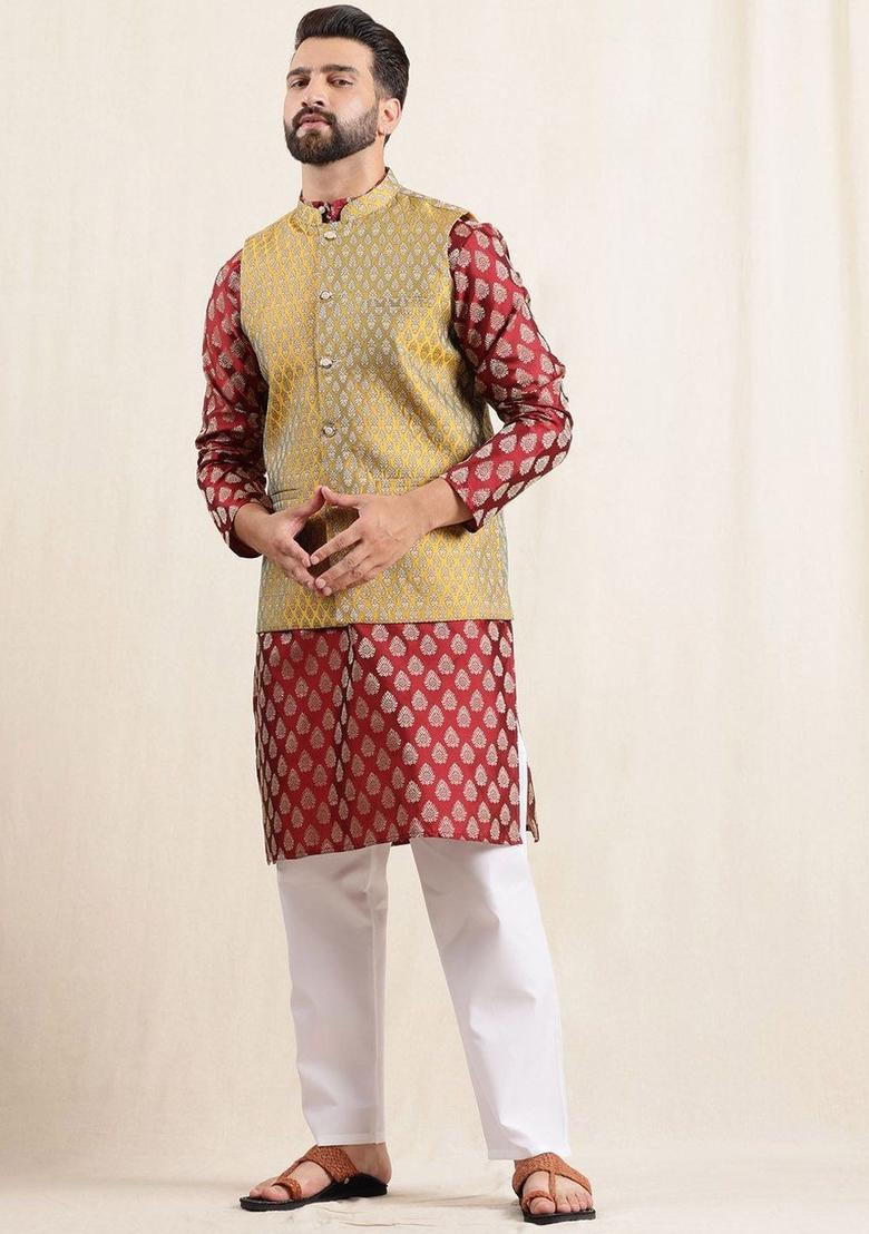 Maroon Printed Silk Kurta Set For Men - Indya