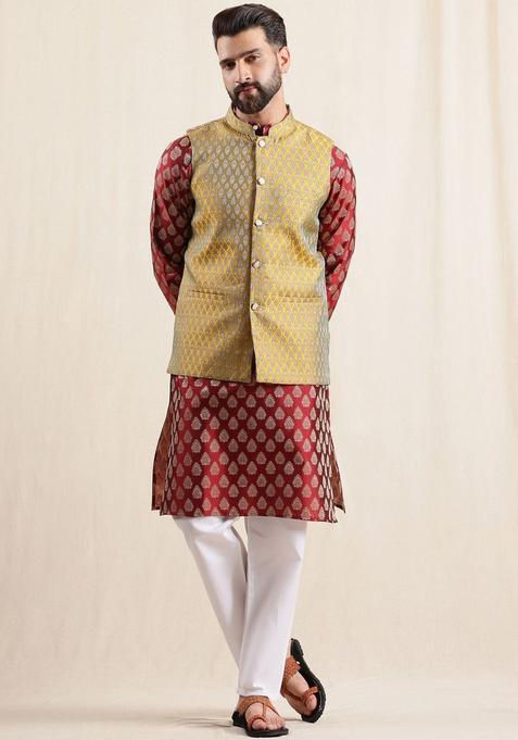 Maroon Printed Silk Kurta Set For Men