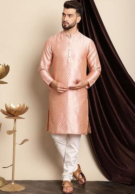 Pink Woven Design Silk Kurta Set For Men