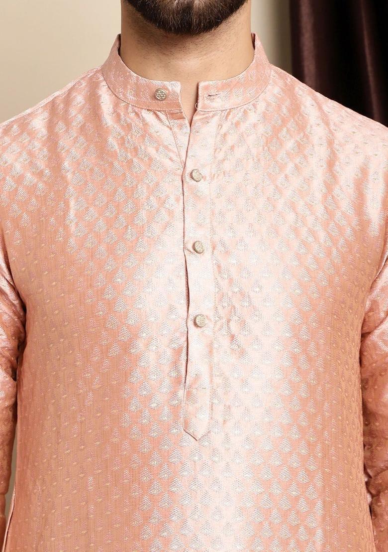 Pink Woven Design Silk Kurta Set For Men - Indya