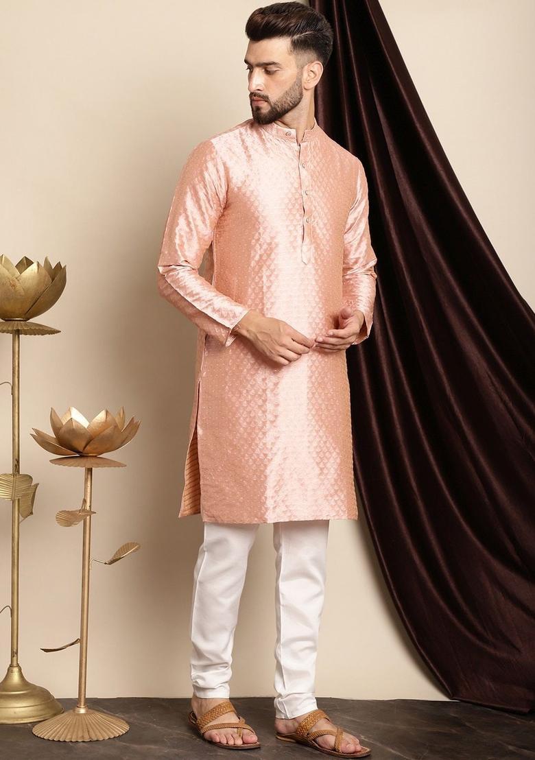 Pink Woven Design Silk Kurta Set For Men - Indya