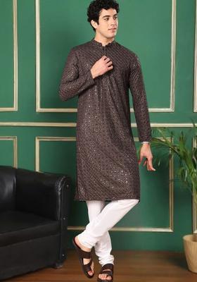 Brown Embroidered Cotton Kurta Set For Men