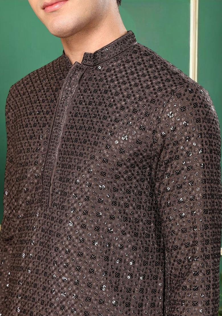 Brown Embroidered Cotton Kurta Set For Men - Indya