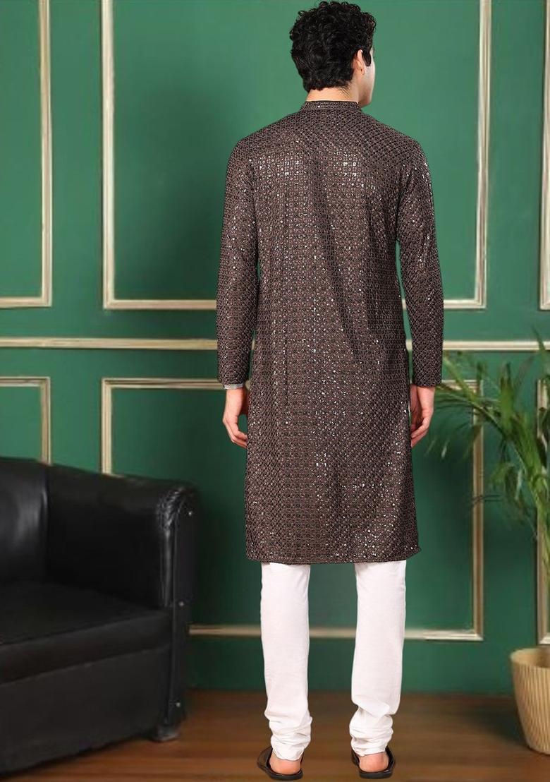 Brown Embroidered Cotton Kurta Set For Men - Indya