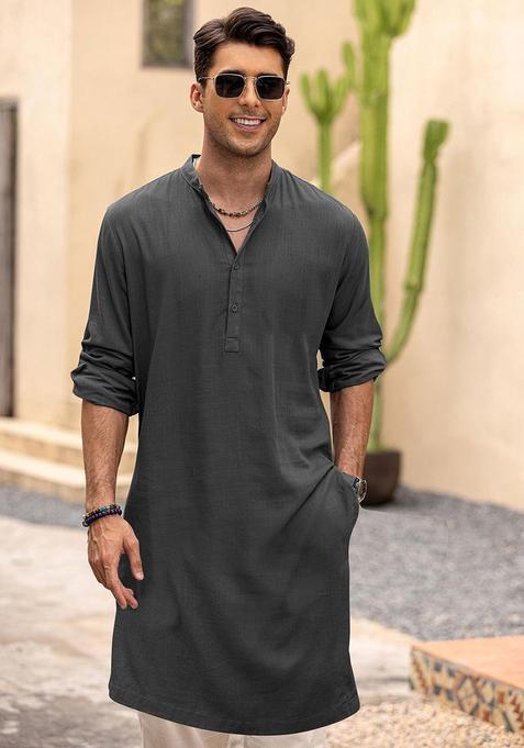 Grey Solid Cotton Kurta Set For Men