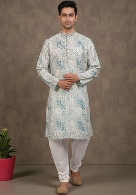White Printed Polyester Kurta Set For Men