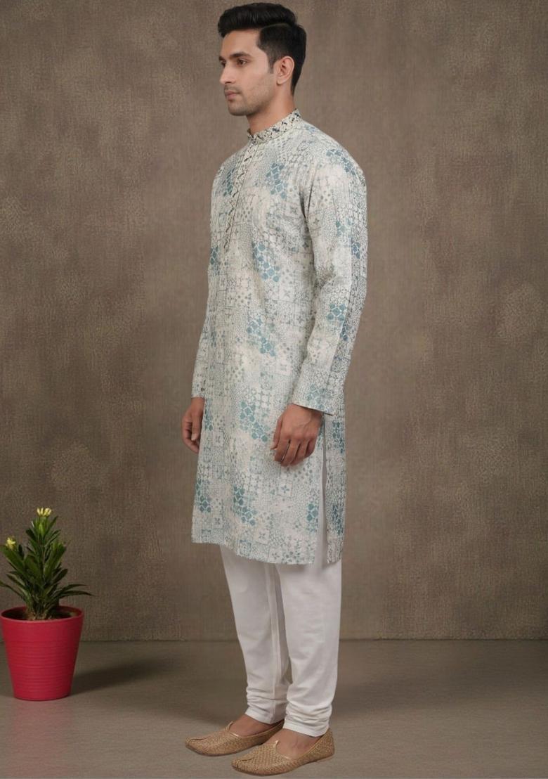 White Printed Polyester Kurta Set For Men - Indya