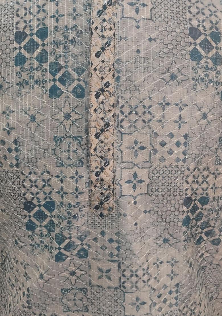White Printed Polyester Kurta Set For Men - Indya