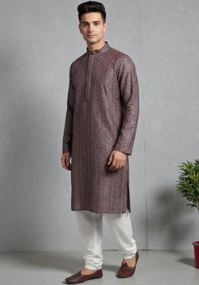 Brown Self Design Polyester Kurta Set For Men