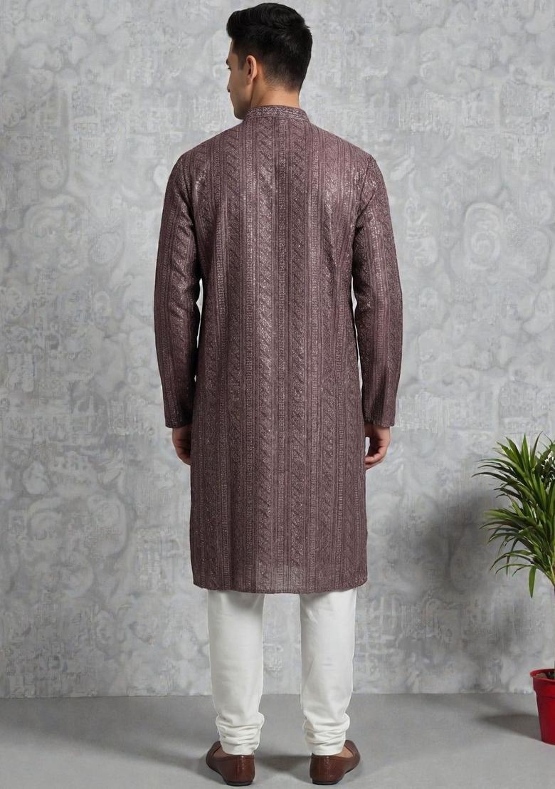 Brown Self Design Polyester Kurta Set For Men - Indya