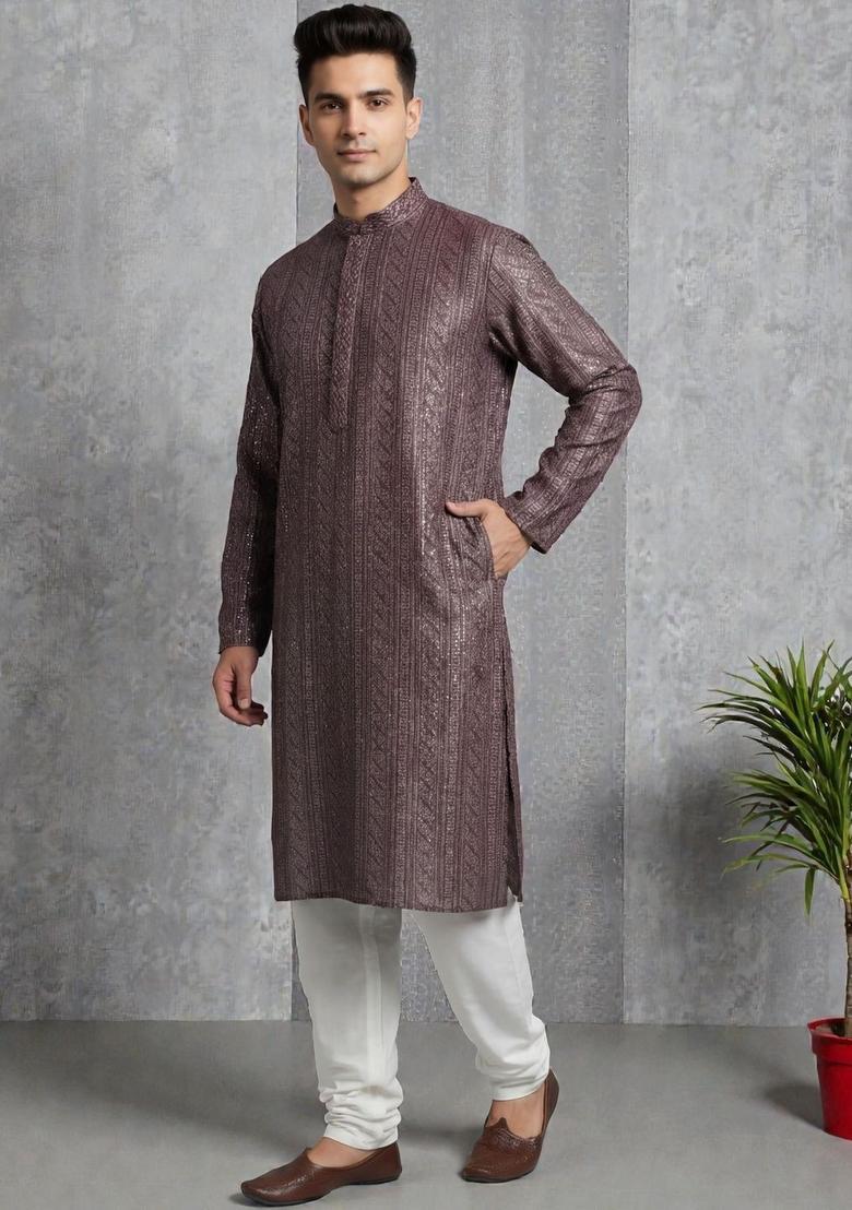 Brown Self Design Polyester Kurta Set For Men - Indya