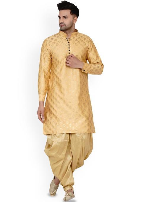 Gold Solid Silk Kurta Set For Men