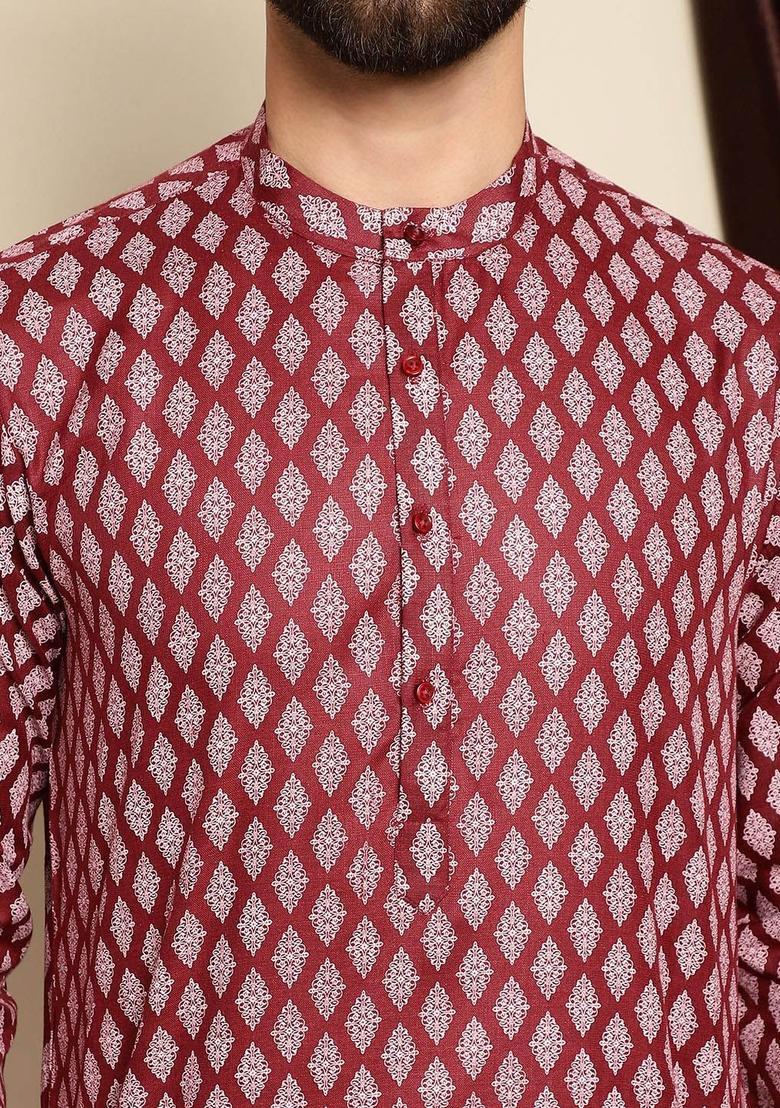 Maroon Printed Cotton Kurta Set For Men - Indya
