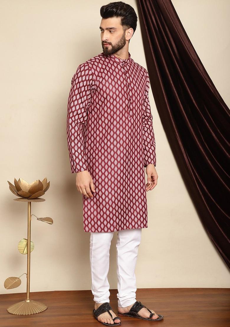 Maroon Printed Cotton Kurta Set For Men - Indya