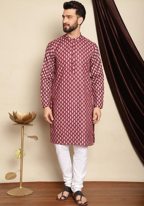 Maroon Printed Cotton Kurta Set For Men