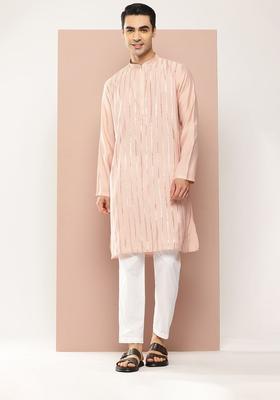 Pink Embroidered Silk Kurta Set For Men