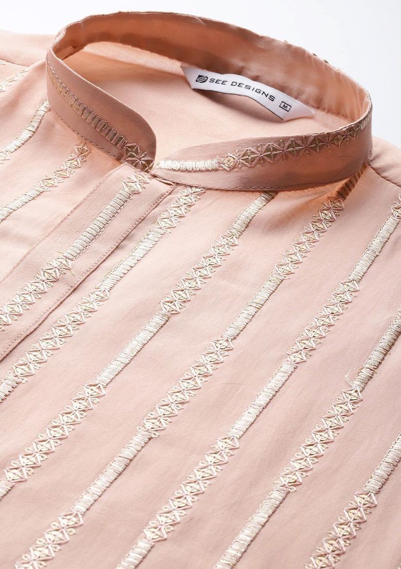 Pink Embroidered Silk Kurta Set For Men - Indya