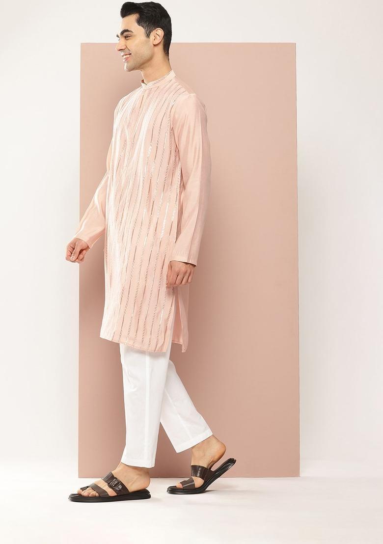 Pink Embroidered Silk Kurta Set For Men - Indya